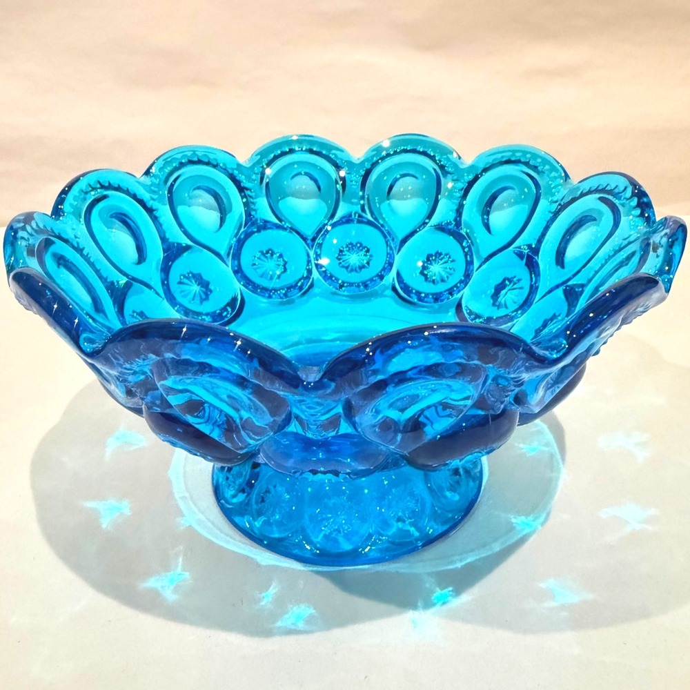 LE Smith Moon Stars Colonial Blue Compote Pedestal Bowl UV Manganese Glow 1950s